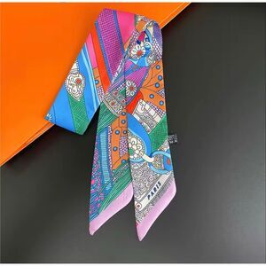 Colorful Satin Twilly Scarf Ribbon Geometric Print Hair Tie Neck Wrap Bag Handle